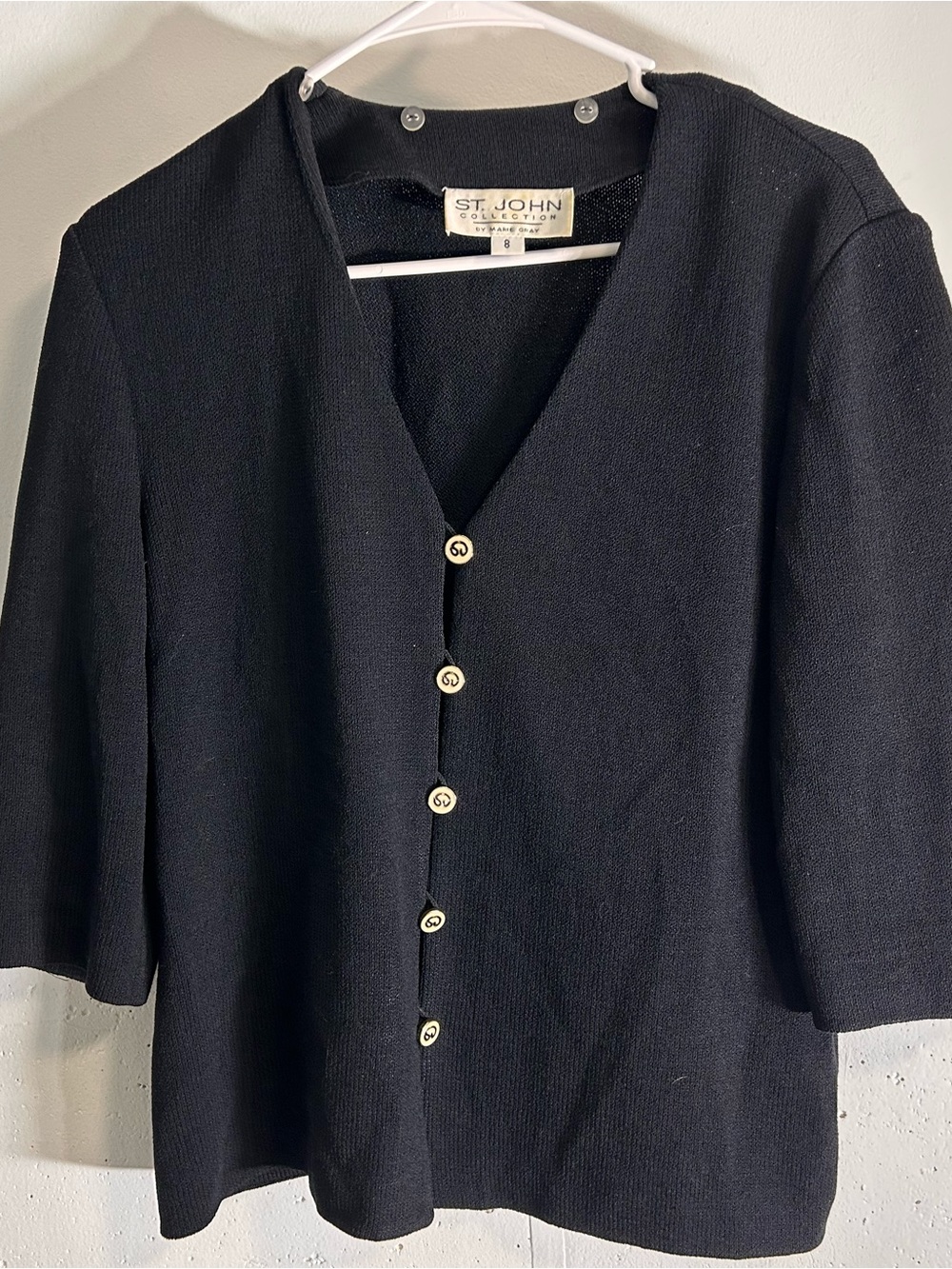 St. John Black Knit V-Neck Jacket with Gold Buttons
